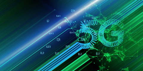 Abstract 3d illustration of 5G wireless internet background. Global network high speed concept. 5G with blurred  lines  on dark  background.