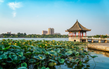 Fototapeta na wymiar Ancient architectural landscape of Daming Lake Park in Jinan..