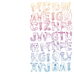 Animal alphabet. Zoo alphabet. Letters from A to Z. Cartoon cute animals. Elephant, dog, flamingo, giraffe, horse, alligator, bear, cat.