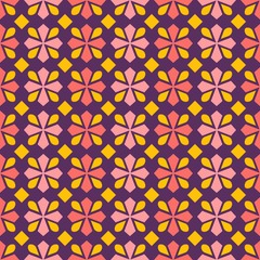 Modern Moroccan style inspired vector seamless pattern. Abstract flower geometric pattern tiles. Pattern elements spring colors - yellow, pink and green. 