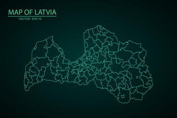 Obraz premium Mapa kraju Łotwy, Łotwa mapa - niebieskie geometryczne popsute trójkątne tło gradientowe w stylu low poly gradient, wysoka szczegółowa niebieska mapa Łotwy. Wektor ilustracja eps 10. - Wektor