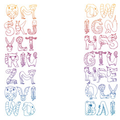 Obraz premium Animal alphabet. Zoo alphabet. Letters from A to Z. Cartoon cute animals. Elephant, dog, flamingo, giraffe, horse, alligator, bear, cat.