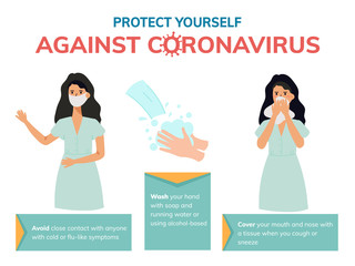 How to protect yourself from coronavirus infographic. Basic protective measures against covid-19 poster vector design template.