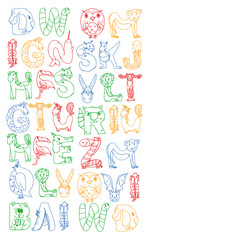 Animal alphabet. Zoo alphabet. Letters from A to Z. Cartoon cute animals. Elephant, dog, flamingo, giraffe, horse, alligator, bear, cat.