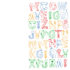 Animal alphabet. Zoo alphabet. Letters from A to Z. Cartoon cute animals. Elephant, dog, flamingo, giraffe, horse, alligator, bear, cat.