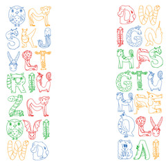 Animal alphabet. Zoo alphabet. Letters from A to Z. Cartoon cute animals. Elephant, dog, flamingo, giraffe, horse, alligator, bear, cat.
