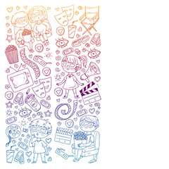 Cinema pattern with vector icons for wrapping paper, posters, banners, leaflets. 3d movie, tv, musical.