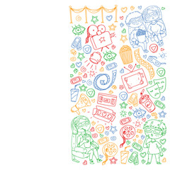 Cinema pattern with vector icons for wrapping paper, posters, banners, leaflets. 3d movie, tv, musical.