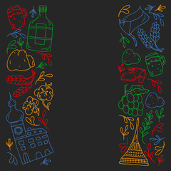 Vector pattern with symbols of Czech Republic. Set with tourism icons and landscapes elements. Travel to country. City, cathedral, building, European architecture. Illustration with landmarks