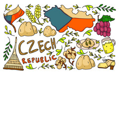 Vector pattern with symbols of Czech Republic. Set with tourism icons and landscapes elements. Travel to country. City, cathedral, building, European architecture. Illustration with landmarks
