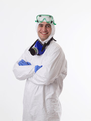 Doctor wearing protective biological suit and mask due to coronavirus white background