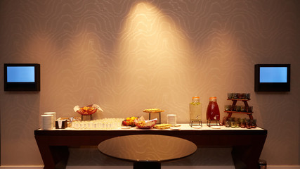 catering on a business conference Coffee break table on business seminar with fresh bakery,beverage and fruit