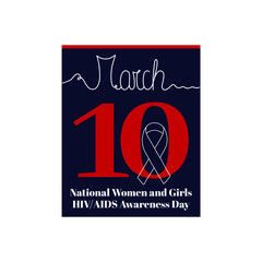 Calendar sheet, vector illustration on the theme of National Women and Girls HIV/AIDS Awareness Day on March 10. Decorated with a handwritten inscription - MARCH and stylized linear Ribbon for AIDS ca