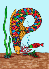 Color drawing on a marine theme, fish and algae, pond, summer, made with markers, fish in the shape of the letter P