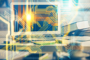 Double exposure of desktop with computer and world map hologram. International data network concept.