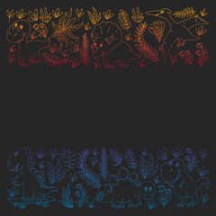 Pattern kids fabric, textile, nursery wallpaper. Vector illustration. Hand drawn dinosaurs, dino for little children.