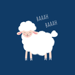 Cute white sheep, cartoon animal character. Vector illustration for children.