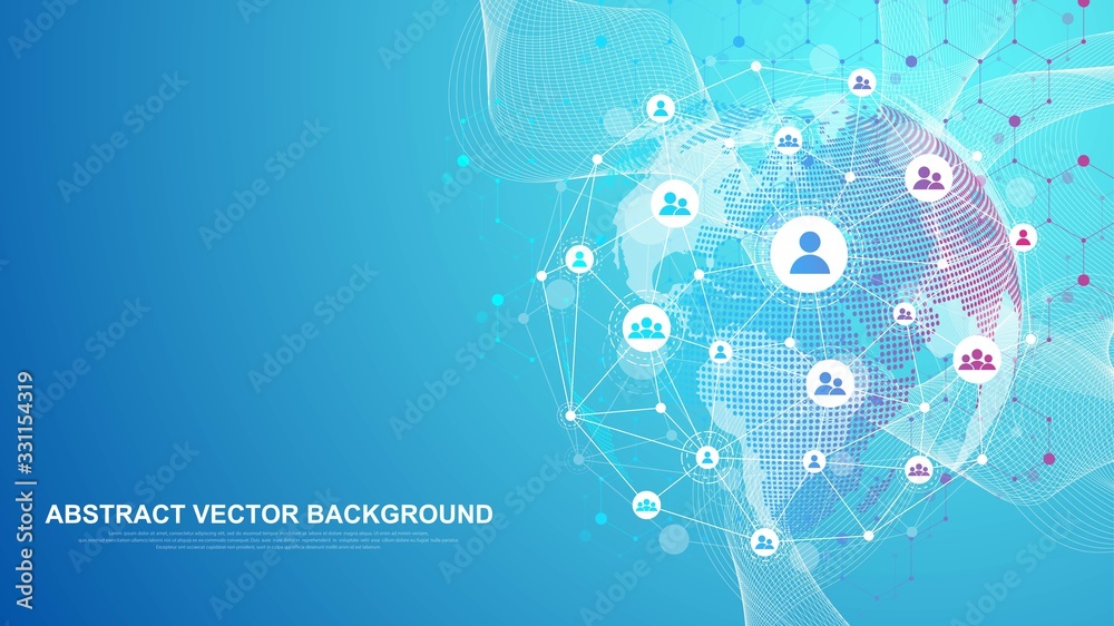 Leinwandbilder Global network connection concept. Big data visualization. Social network communication in the global computer networks. Internet technology. Business. Science. Vector illustration