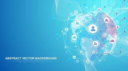 Global network connection concept. Big data visualization. Social network communication in the global computer networks. Internet technology. Business. Science. Vector illustration