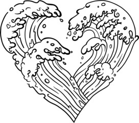 Vector stylized heart with waves. Heart shaped waves in the sea. Inspirational tattoo.  Isolated vector illustration.