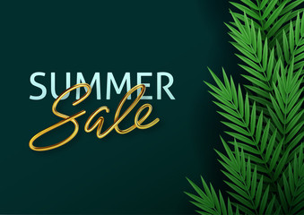 Hello summer, summertime, sale. Text poster against the background of tropical plants. Palm leaves, jungle leaf and gold lettering. The poster for sale and an advertizing sign. Vector illustration