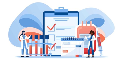 Medical blood test flat concept. Chemical laboratory analysis, medical office or laboratory. Patient blood in test tubes. Banner, flyer, landing page template. Exam checklist blank document