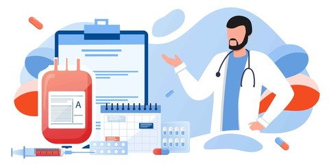 Medical blood test flat concept. Chemical laboratory analysis, medical office or laboratory. Patient blood in test tubes. Banner, flyer, landing page template. Exam checklist blank document