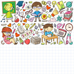 Online education concept. Vector icons and elements for little children, college, internet courses. Doodle style, kids drawing.