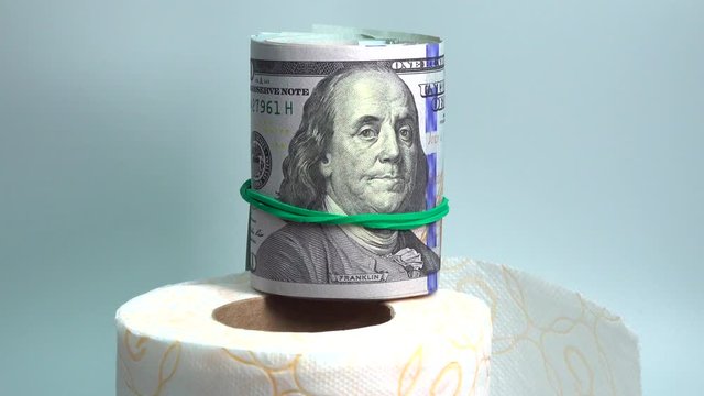 toilet paper and many dolor bills in close-up