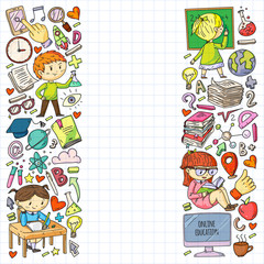 Online education concept. Vector icons and elements for little children, college, internet courses. Doodle style, kids drawing.
