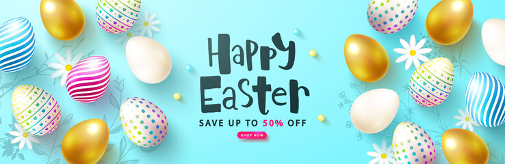 Fototapeta na wymiar Happy Easter sale card withcolorful eggs and chamomiles.Vector illustration. Template banners,Wallpaper,flyers, invitation, posters, brochure, voucher discount.