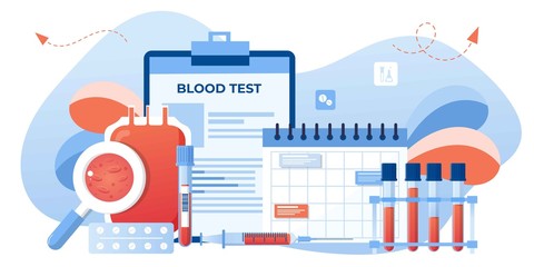 Medical blood test flat concept. Chemical laboratory analysis, medical office or laboratory. Patient blood in test tubes. Banner, flyer, landing page template. Exam checklist blank document