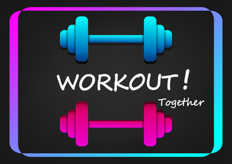 Woekout poster with Dumbbell in neon style, vector