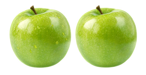 Green apples isolated on white. One apple with dew drops.