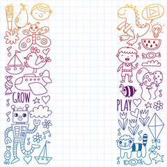 Online education for toddlers. Lessons for children in internet. Vector pattern for kindergarten banners, posters with moon, planet, spaceship, rocket, sun, fruits, house, flowers.