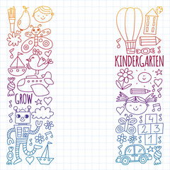 Fototapeta premium Online education for toddlers. Lessons for children in internet. Vector pattern for kindergarten banners, posters with moon, planet, spaceship, rocket, sun, fruits, house, flowers.