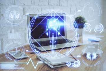 Desktop computer background and education theme drawing. Double exposure. Study concept.