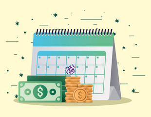 tax day calendar bills and coins vector design