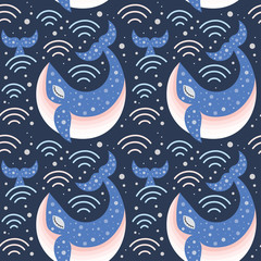 Marine Pattern with Blue Whale on Waves