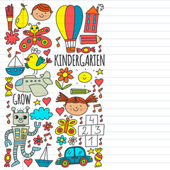 Online education for toddlers. Lessons for children in internet. Vector pattern for kindergarten banners, posters with moon, planet, spaceship, rocket, sun, fruits, house, flowers.