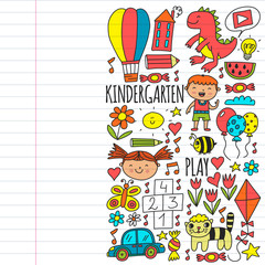 Online education for toddlers. Lessons for children in internet. Vector pattern for kindergarten banners, posters with moon, planet, spaceship, rocket, sun, fruits, house, flowers.