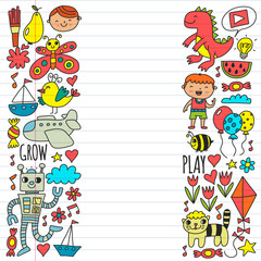 Online education for toddlers. Lessons for children in internet. Vector pattern for kindergarten banners, posters with moon, planet, spaceship, rocket, sun, fruits, house, flowers.