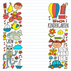 Online education for toddlers. Lessons for children in internet. Vector pattern for kindergarten banners, posters with moon, planet, spaceship, rocket, sun, fruits, house, flowers.