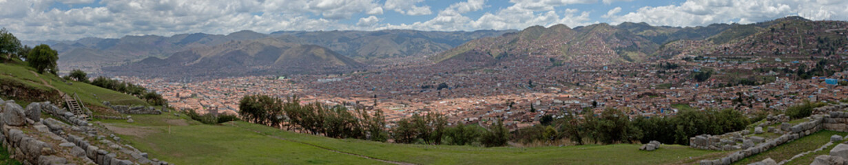 Fototapeta na wymiar Sacsayhuamán. Overview city panorama Peru. Cusco. Saqsaywaman valley