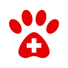 Fototapeta premium Veterinary Hospital Logo Design with animal foot print and medical icon on white background