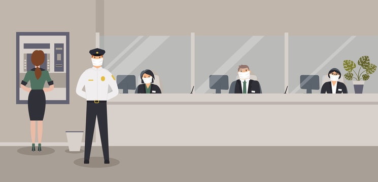 Bank office is open during epidemic of virus. Employees in protective medical masks serve customers. Hall with ATM or cash machine,counter,monstera and security guard. Vector flat illustration