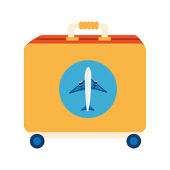 wheeled suitcase with airplane isolated icon vector illustration design