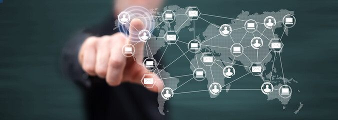 Man touching a global network technology concept