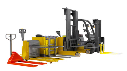Different Forklift loaders isolated 3D render on white no shadow