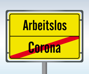 Straßenschild Corona Arbeitslos Schild Ende Anfang Zukunft Vergangenheit durchgestrichen